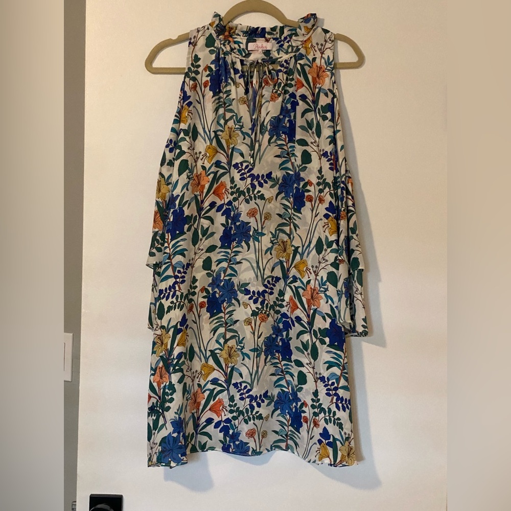 Parker Anastasia Silk Floral Mini Dress Cold Shoulder Womens Medium - Picture 3 of 5